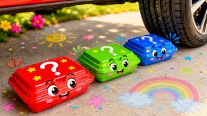 Мультики для детей. Давим колесом машины хрустящие игрушки. Смотреть залипалки для малышей