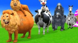 Игра с длинной горкой: динозавр, лев, корова, бегемот, горилла. Забавная 3D‑игра с животными