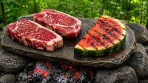 Сэндвич со стейком «Нью-Йорк» на раскаленном камне. Бушкрафт-кулинария в стиле ASMR