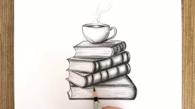 Как нарисовать книги и кофейную чашку шаг за шагом: реалистичный рисунок карандашом смотреть онлайн