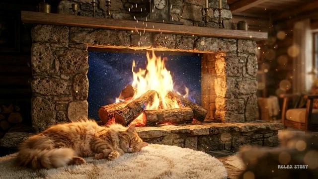 🐱 ЗАЛИПАТЕЛЬНОЕ АСМР  ВИДЕО: Пушистый кот мурлычет у камина 🌌 |  Уют, треск дров и мурчание  кота