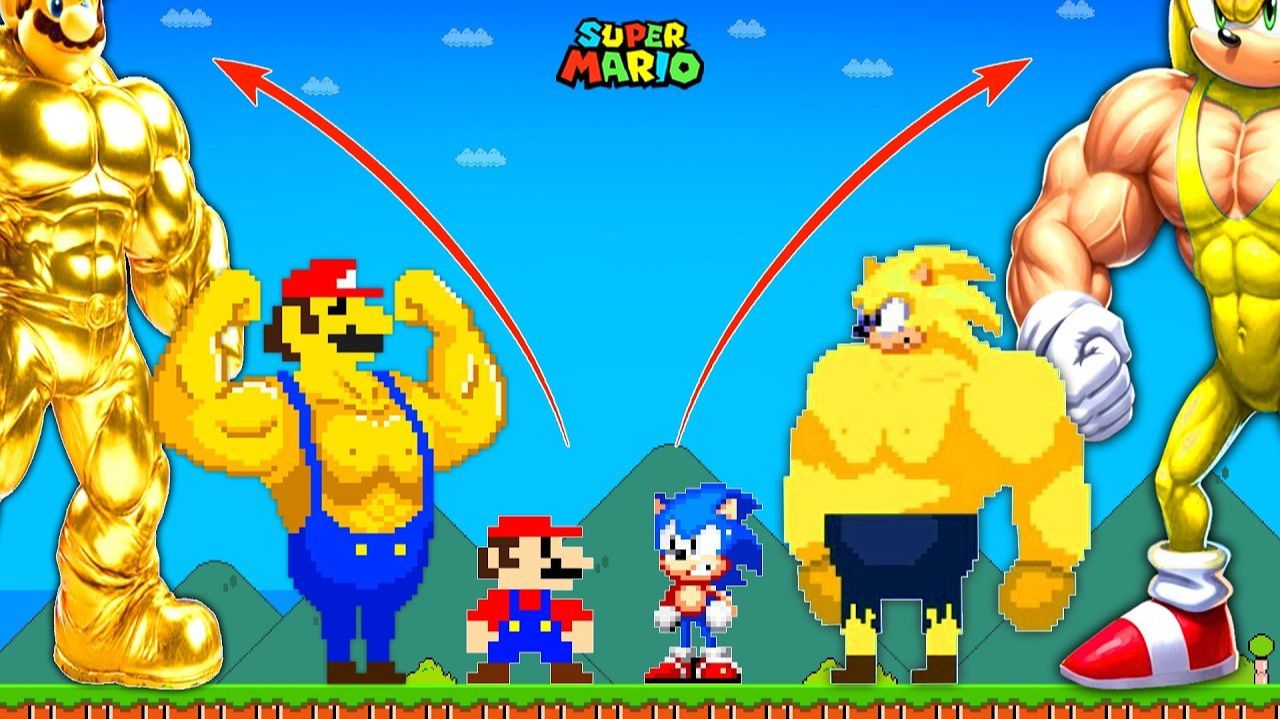 ПРОКАЧИВАЕМ МАРИО И СОНИКА ДО САМЫХ СИЛЬНЫХ ЗОЛОТЫХ МАРИО И ЗОЛОТОГО СОНИКА В SUPER MARIO BROS!