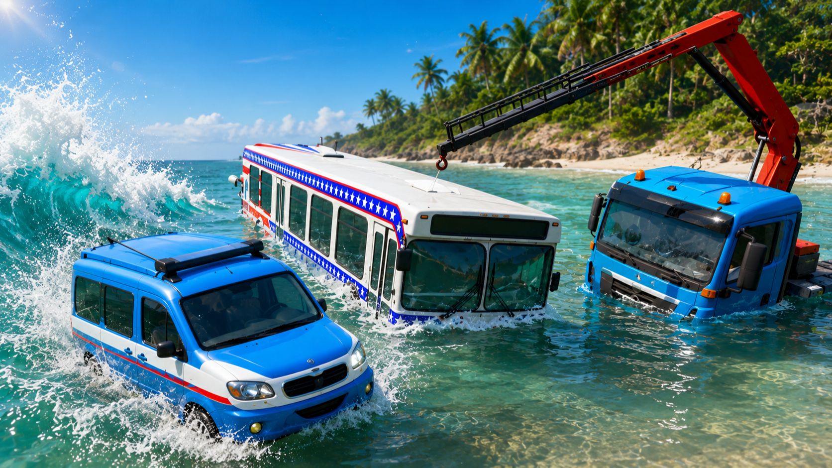 🌊 ЦУНАМИ РАЗРУШИЛО МОСТ! Спасаем Полицейский Автобус из моря! 🚛🚍