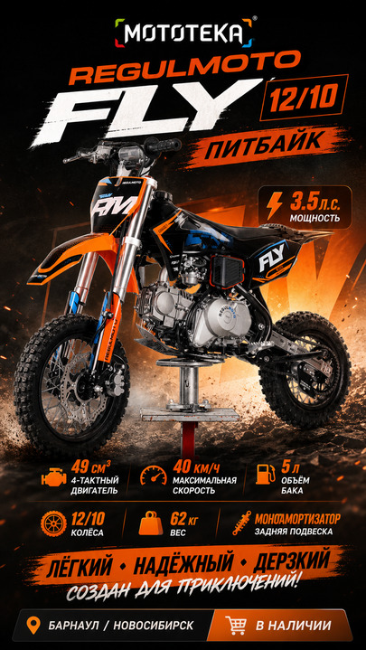 Детский питбайк Regulmoto FLY 12/10 чёрный/оранжевый: автомат, 3.5 л.с., 40 км/ч