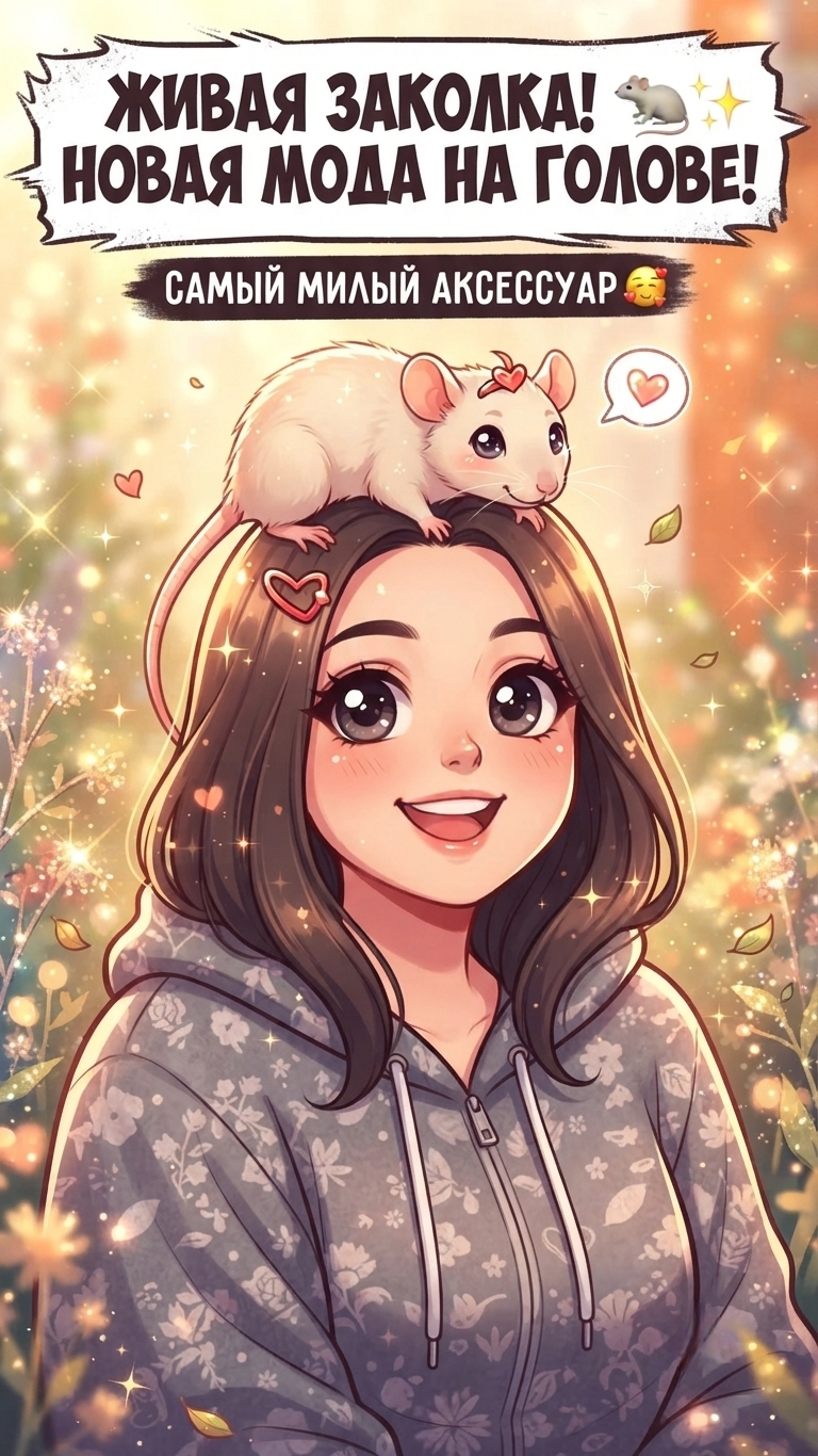 Мой пушистый аксессуар! 🥰🐀 (Крыса-заколка на голове)