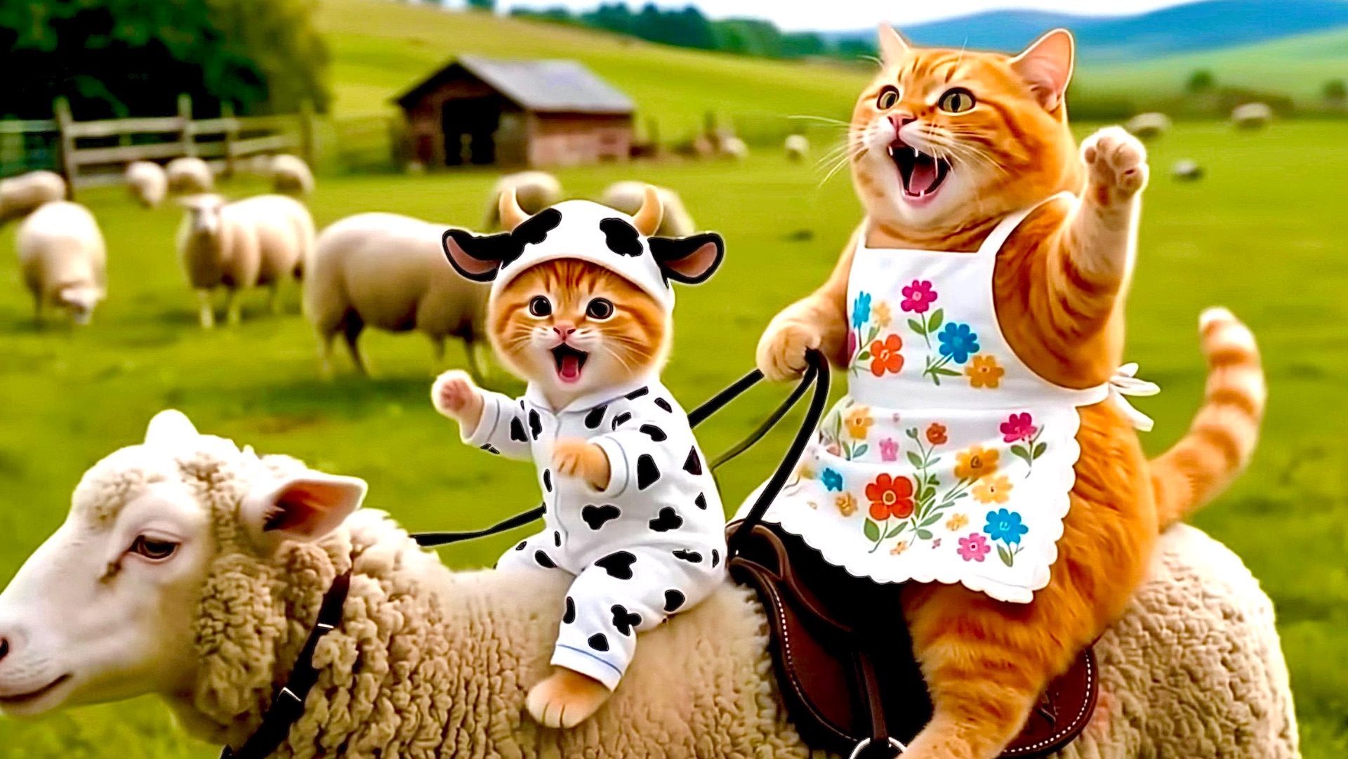 Мама кошка и котенок в гостях у овечек ❤️ Милые ИИ Мультики для Детей
