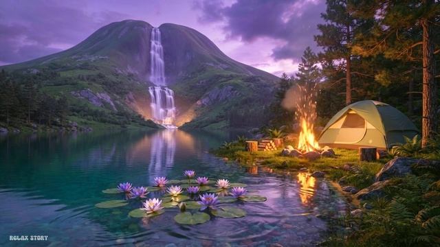АСМР Вечер у Горного Озера 🏔️ Треск Костра, Водопад и Нежные  кувшинки | Релакс для Души и Сердца