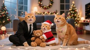 Рыжий котенок и мама-кошка готовят рождественский пир, а папа-кот возвращается домой на пр