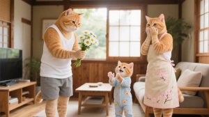 Когда папа-кот потерял работу, но мама-кот и рыжий котенок вернули ему улыбку 💛🐾
