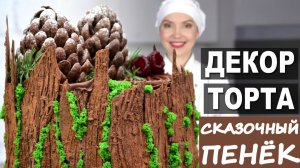 🎄 Декор «СКАЗОЧНЫЙ ПЕНЁК» для любого торта ✨ Делаем кору, мох, ягоды, шишки 🍫 Для начинающих