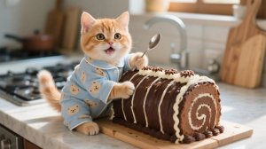 Рыжий котенок жаждет рождественского рождественского торта, а мама-кошка готовит гигантски