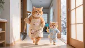 Рыжий котенок помогает маме-кошке чистить снег, а затем лакомится горячим жареным сладким