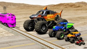 Гигантские и крошечные монстр-траки против поезда и ям — Мультик BeamNG.drive