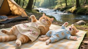 Рыжий котенок отправляется в поход с мамой-кошкой, мирный день у лесного ручья 🌲🐟🐾