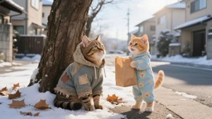 Рыжий котенок и мама-кошка дарят рождественские подарки бедным соседским котятам 🎁🐾