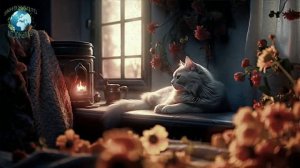 💤Спокойная музыка для сна, камин и релакс 🐈Уютная комната с мурлыкающей кошкой и дождём за окном