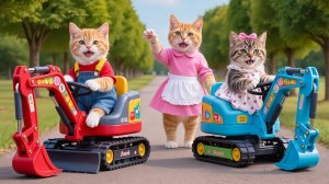 Мама-Кошка берет двух своих котят посмотреть на экскаваторы на ферме и сегодня покупает ка