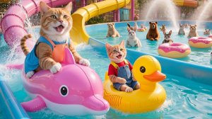 💦 Рыжий кот помогает маме-кошке усердно работать, чтобы накопить деньги на отпуск в аквапа