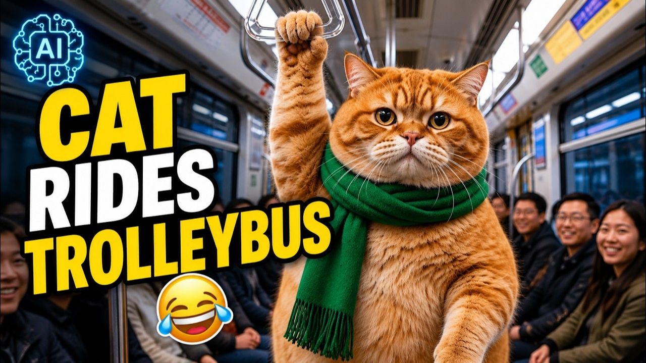 Кот едет на троллейбусе 😂 #Самая смешная подборка ИИ-кошек!