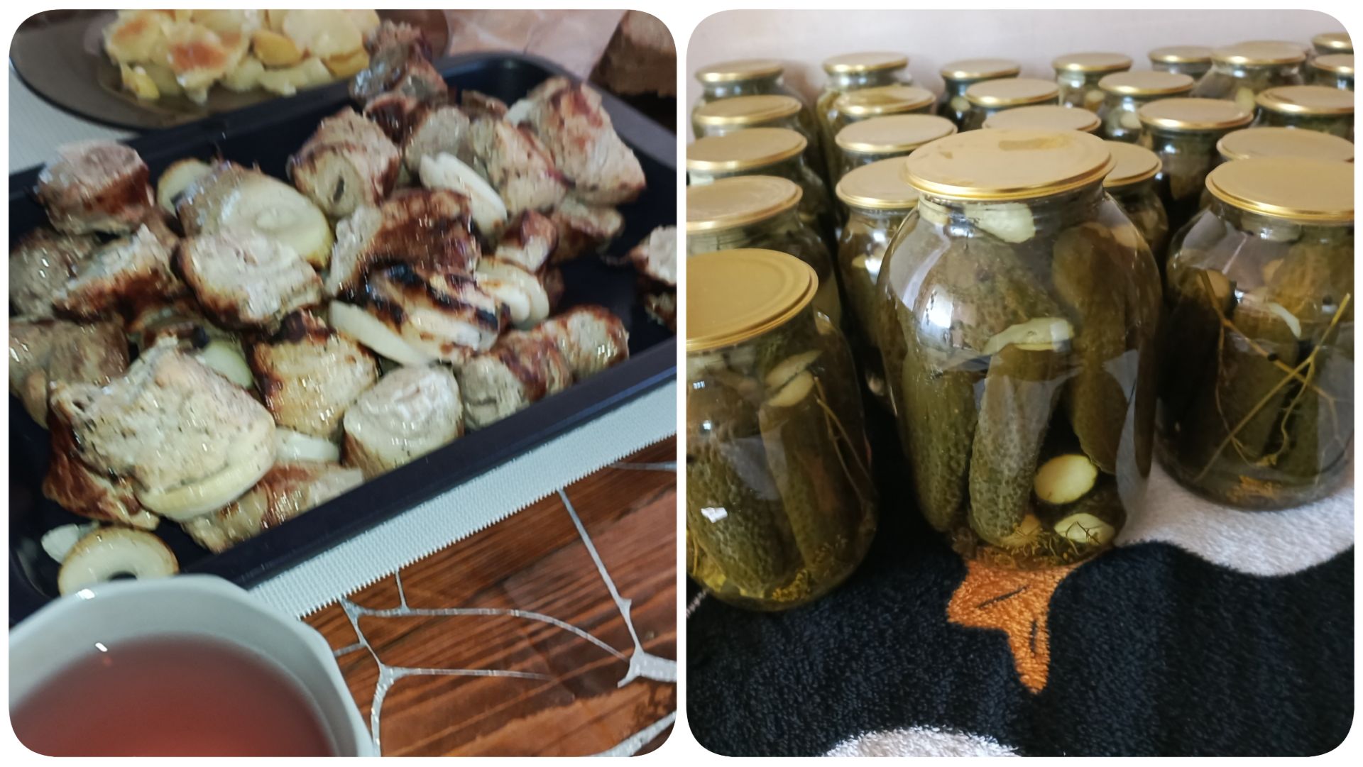 Закатываю огурцы. Купили на рынке очень много. Сергей жарит шашлык.