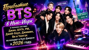 .Прибытие BTS в Нью-Йорк в полном составе на концерт в Нью-Джерси в 2026 году.