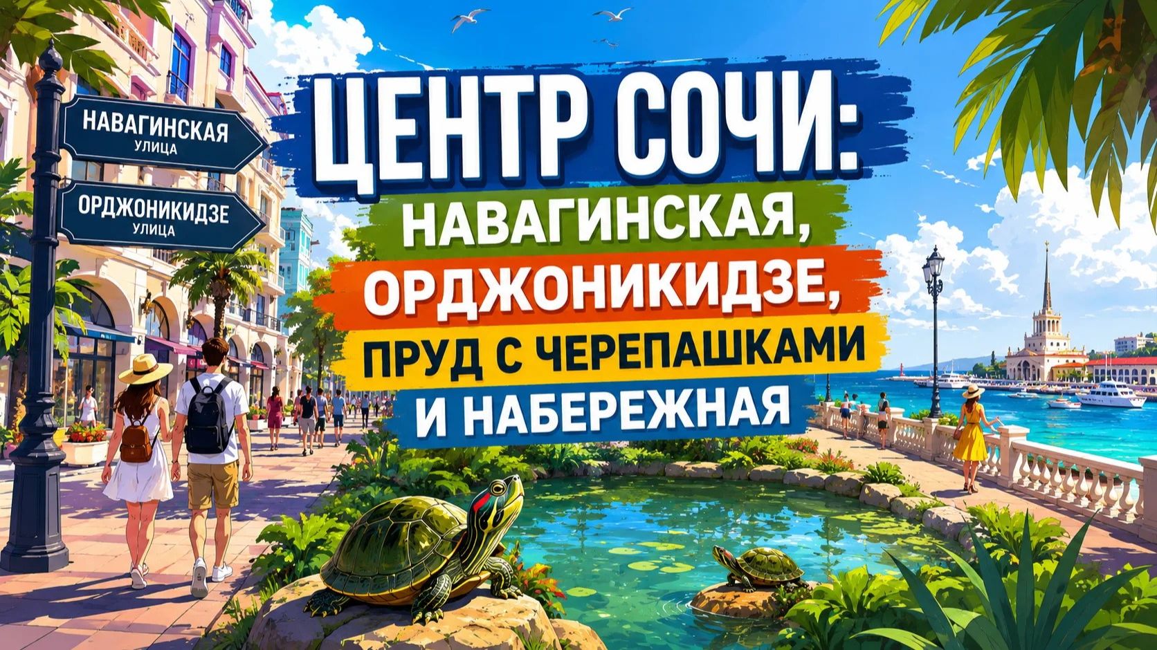 Центр Сочи: Навагинская, Орджоникидзе, пруд  черепашками и набережная.