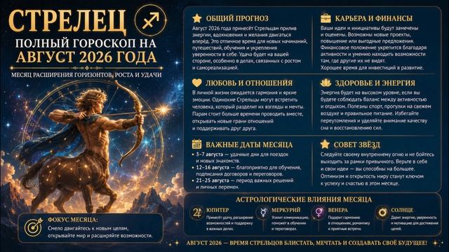 Стрелец. Полный гороскоп на Август 2026 года.