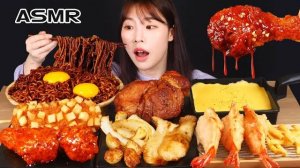 Мукбанг - курица и лапша с чёрным соусом и сырные закуски - корейский стиль