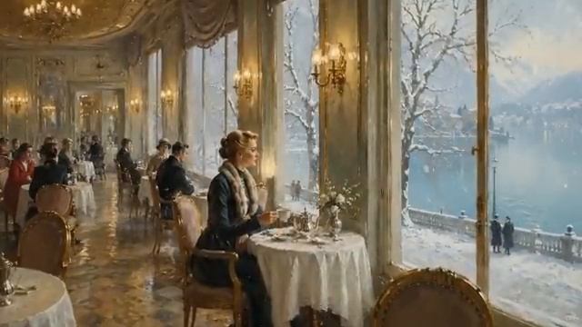 Зимний визит в кафе у озера в стиле 1950-х  г.