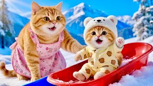 Мама кошка и котенок катаются на ледянках ❤️ Милые ИИ Мультики для Детей