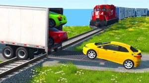 Мультик про перевозку машин на трейлере, спасение от поезда и рельс в BeamNG.drive
