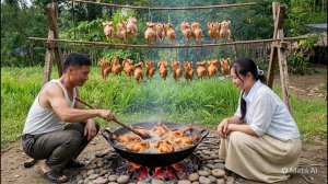 Готовим огромную порцию хрустящей жареной курицы для продажи на рынке.