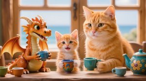 Мама-кошка и котенок делают новые красочные керамические миски с помощью маленького дракон