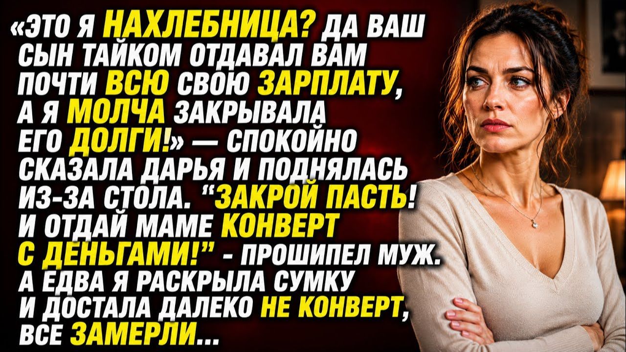 «НАХЛЕБНИЦА?» — СПОКОЙНО СПРОСИЛА ДАРЬЯ… НО КОГДА ДОСТАЛА ИЗ СУМКИ НЕ КОНВЕРТ, ВСЕ ОНЕМЕЛИ