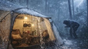 Кемпинг в сильный дождь с грозой .