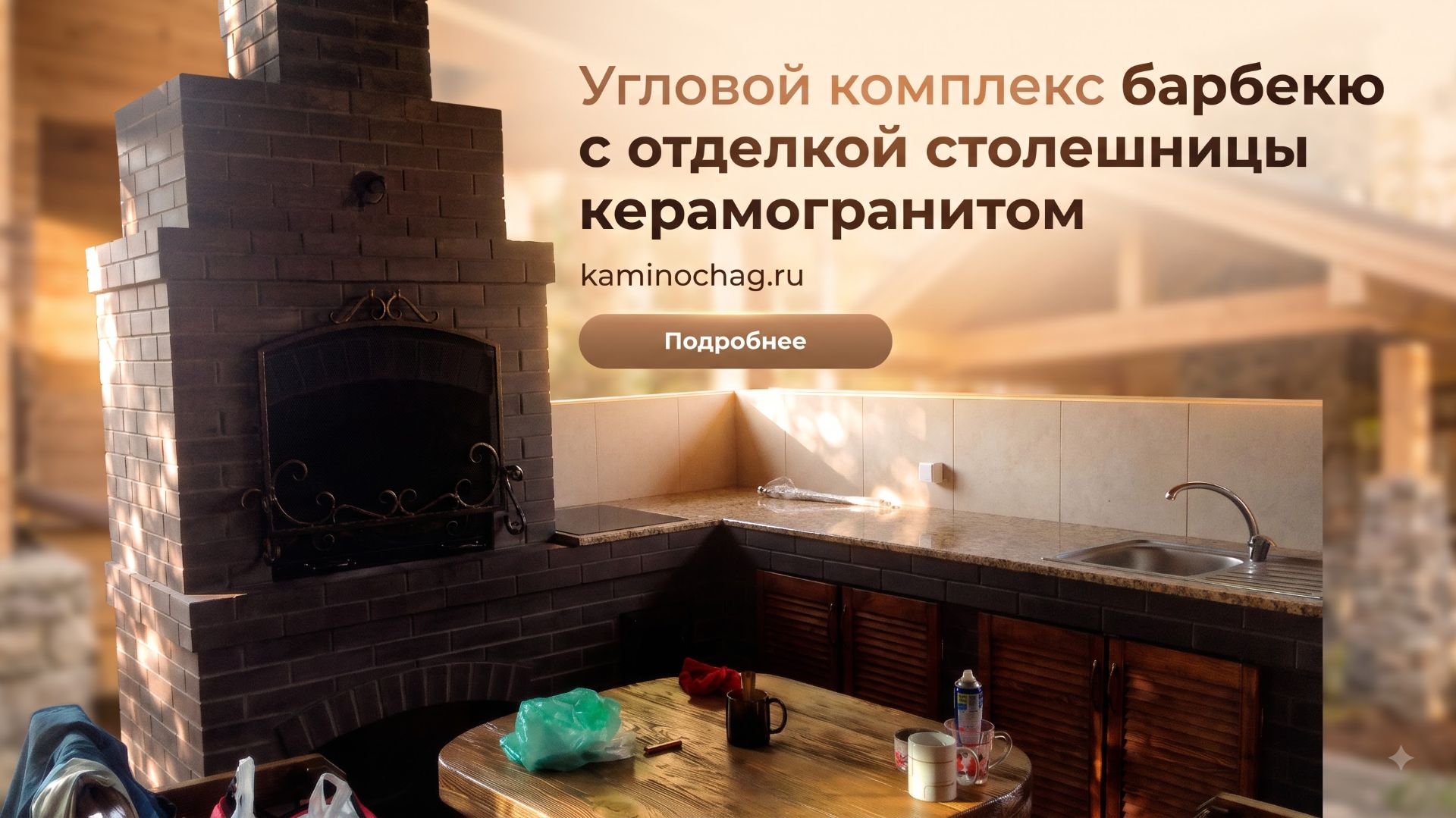 Угловой комплекс барбекю с отделкой столешницы керамогранитом