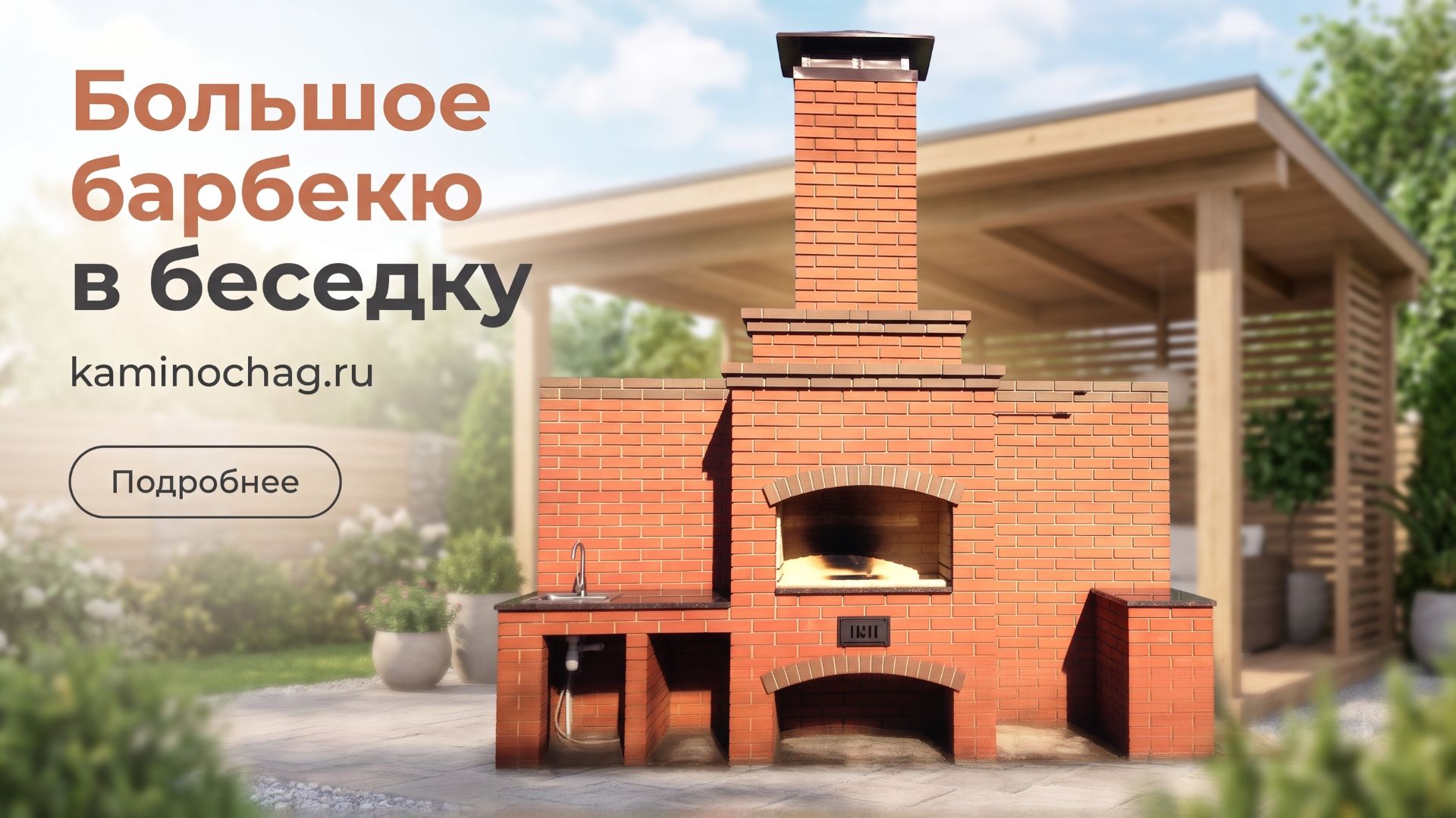 Большое барбекю из кирпича в беседку