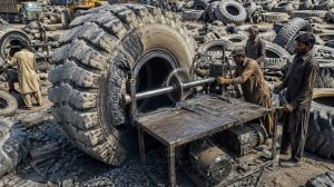 Удивительный заводской процесс, превращение старой шины Caterpillar в глушитель для грузовиков.