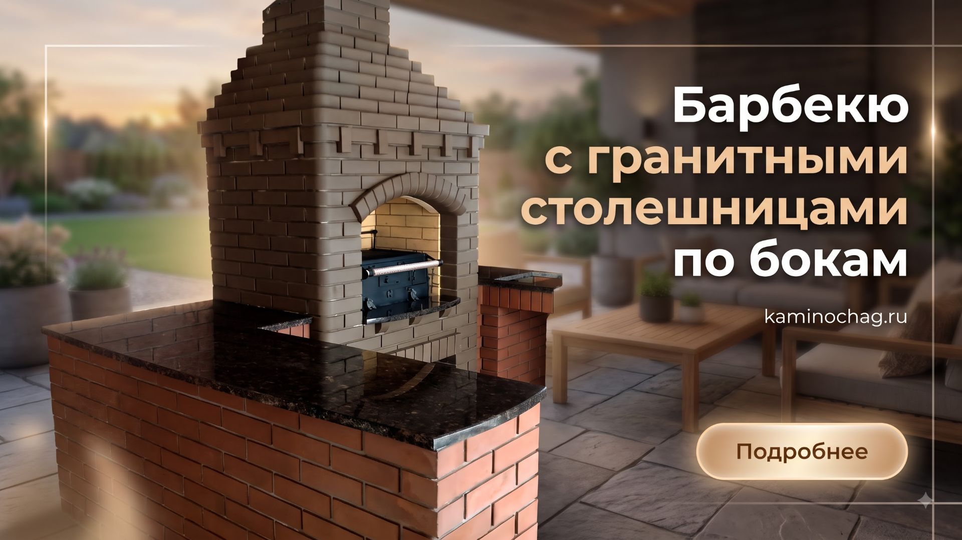 Барбекю из кирпича с гранитными столешницами по бокам
