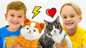 Дети хотят завести домашнее животное и играют с робокотом