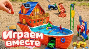 Строим бассейн для игрушек с Халком и Человеком пауком! Летние игры мультики для детей