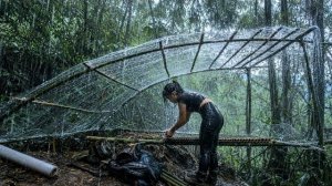 Девушка соорудила укрытие от дождя из полиэтиленовой пленки и бамбука. Бушкрафт