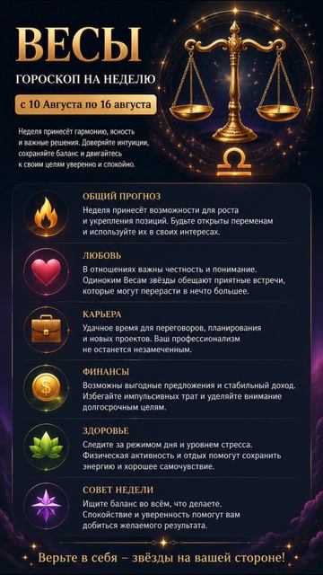 Весы. Полный гороскоп  на неделю с 10 Августа по 16 Августа