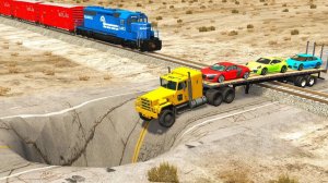Мультик_ Эвакуатор и Гигантская Яма — Спасаем машины от поезда в BeamNG.drive