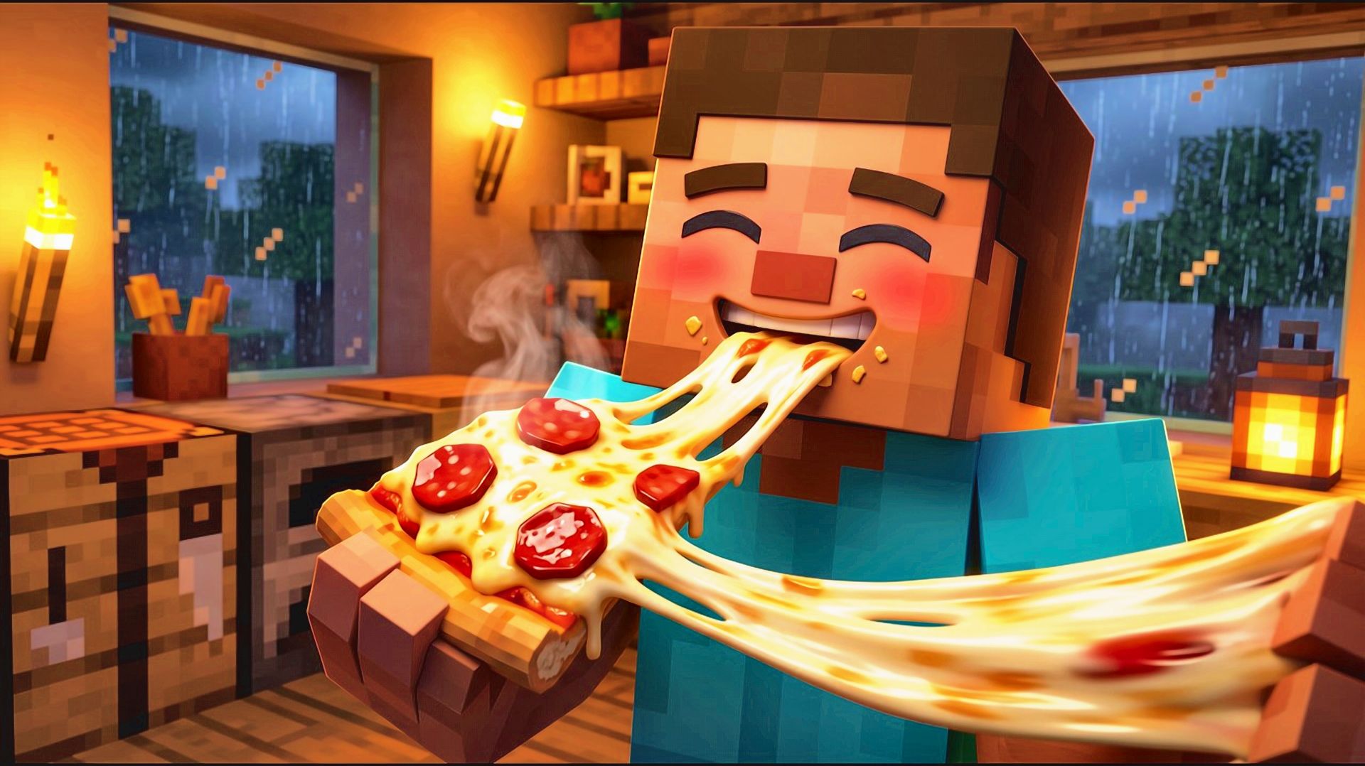 СТИВ ГОТОВИТ ПИЦЦУ! 🍕 Уютный дождливый день и НЕЗАБЫВАЕМЫЙ СЫР | Майнкрафт АСМР. Анимация. Мультики