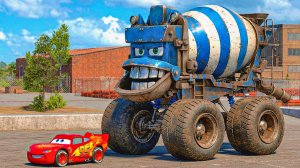 Эпический побег Молнии Маккуина против бетоносмесителя-монстра в BeamNG. Тачки. Мультфильм. Мультики