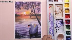 Акварельный пейзаж. Закат на озере. Пошаговый мастер-класс по акварельной живописи.
