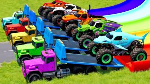 Мультик_ Монстр-траки, эвакуация 5 машин и цветная горка в BeamNG.drive
