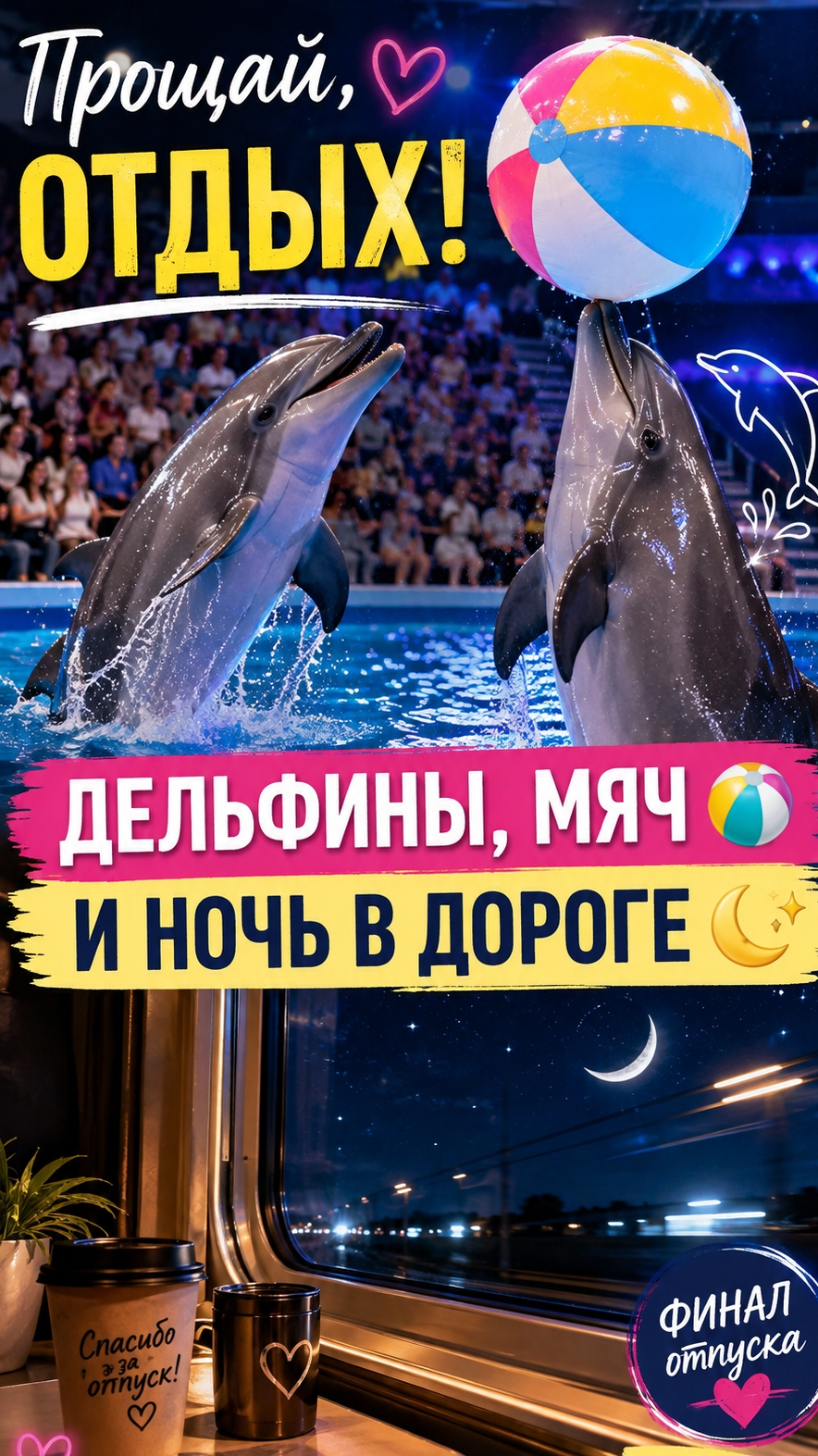 Прощай, отдых! Дельфины, мяч и ночь в дороге 🐬🌙