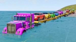 Мультик_ Грузовик с тройным прицепом спасает машины из глубокой ямы — BeamNG.drive
